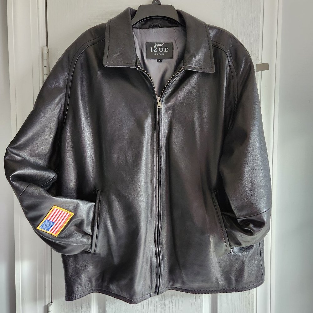 Izod Black Leather Jacket with Flag Emblem Size Xl